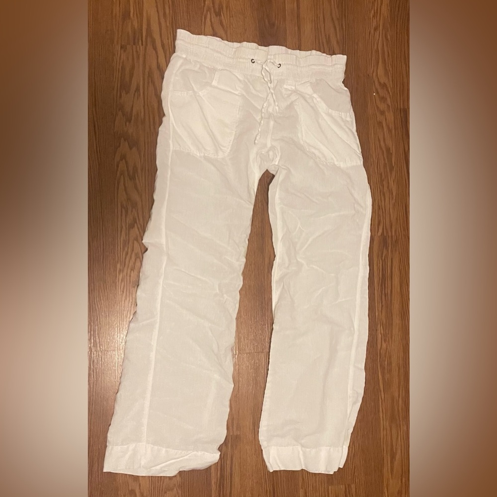 Women's White Drawstring Linen-Blend Pants